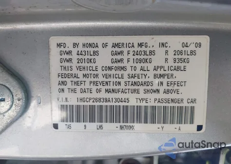 2009 Honda Accord 2.4 Ex-L z USA, uszkodzony, nr VIN 1HGCP26839A130445